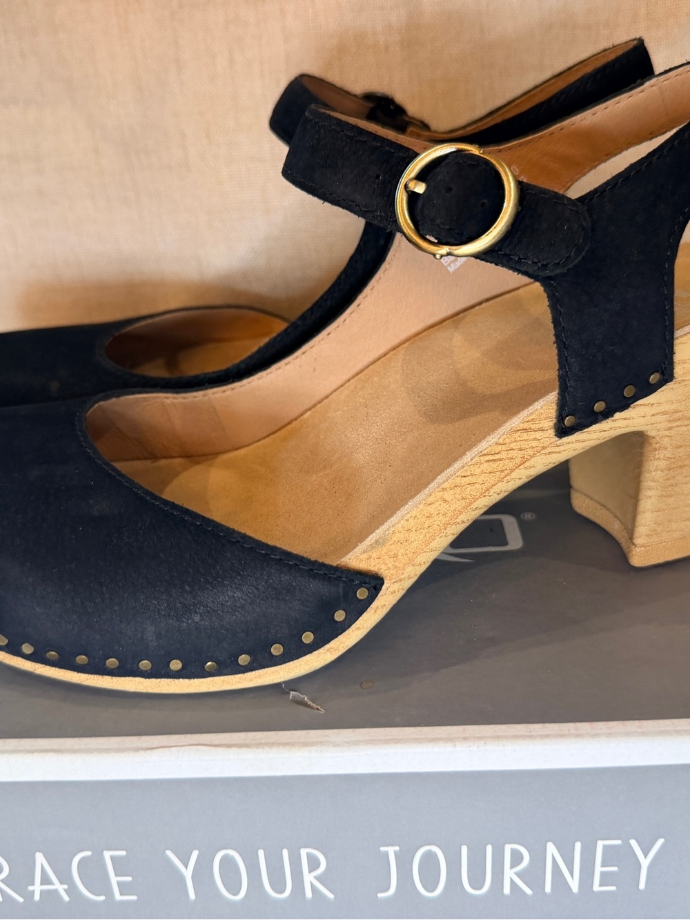 Dansko Black Suede Mary Jane Clogs with Gold Buckle